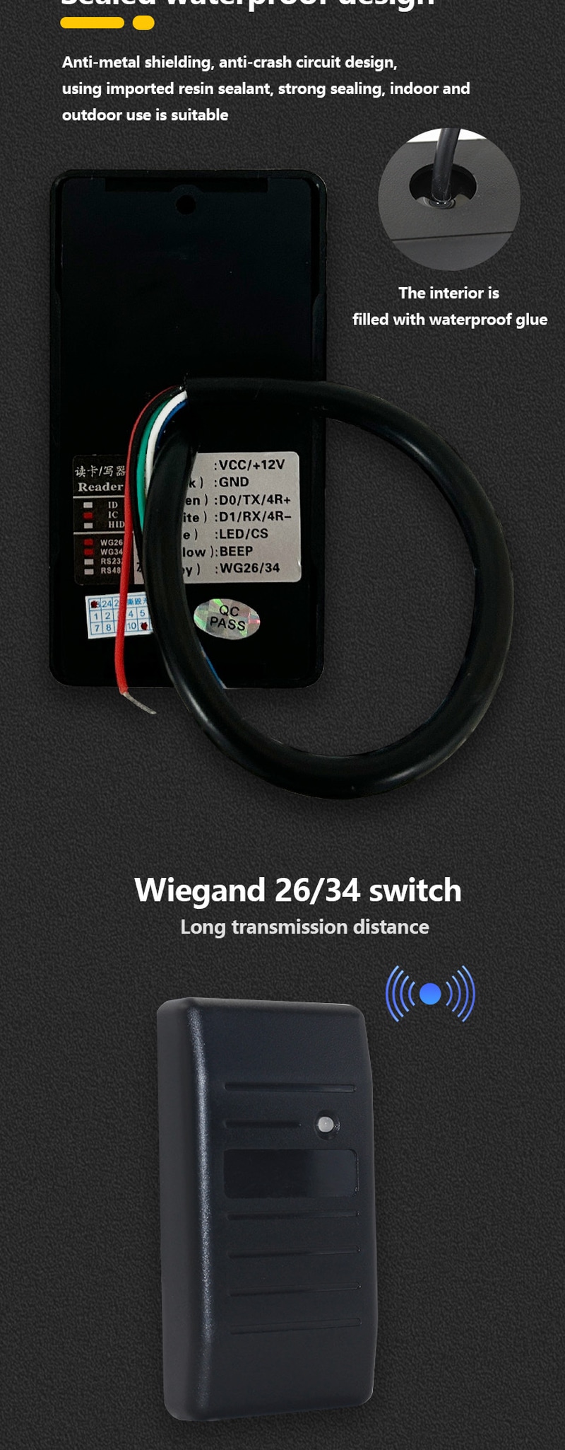 Cititor RFID 125KHz impermeabil cu RS232 prezentat cu logo imprimat pentru aplicații de control acces RFID.