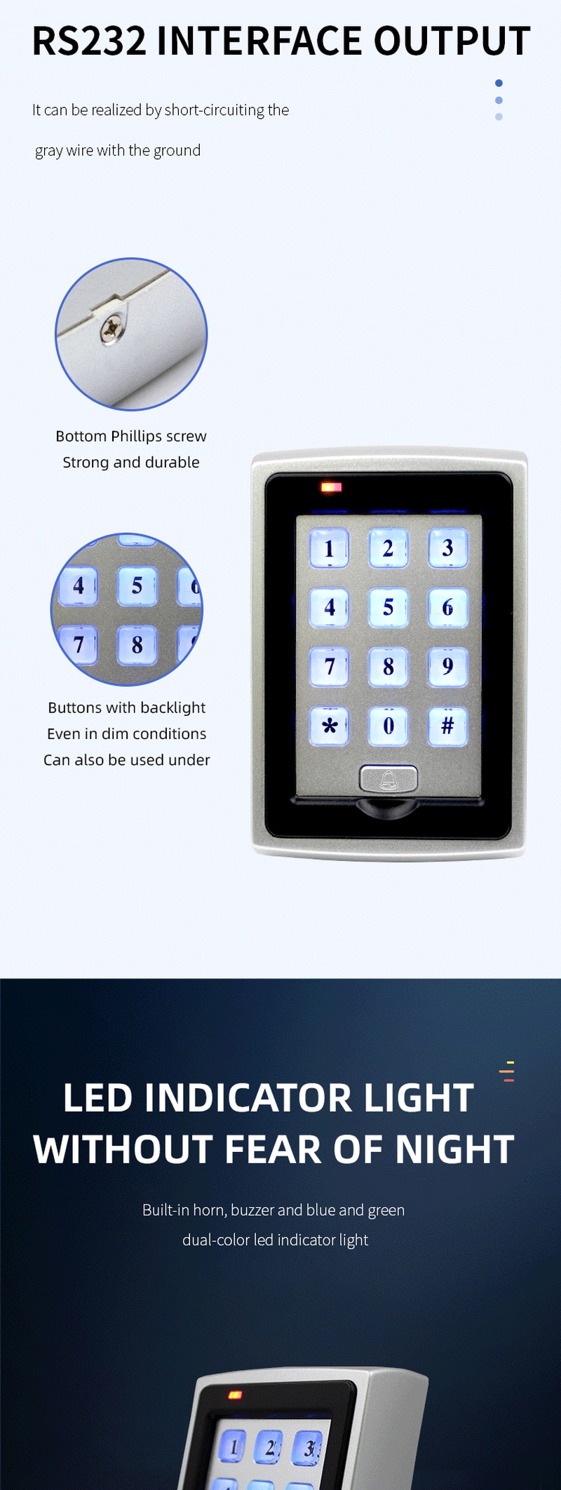 Demonstrație vizuală a funcției de tastatură iluminată pe seria ZY-S605 pentru introducerea ușoară a parolei pe timp de noapte.