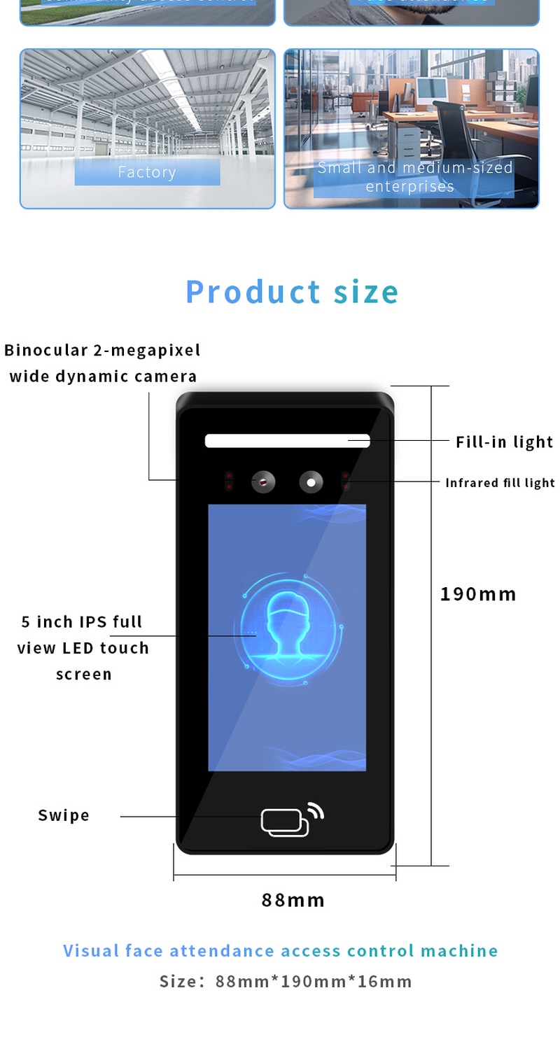 Fotografie de produs a terminalului facial cloud de pontaj de 5 inch, prezentând imprimarea personalizată a cardurilor în categoria terminalelor biometrice de control acces.