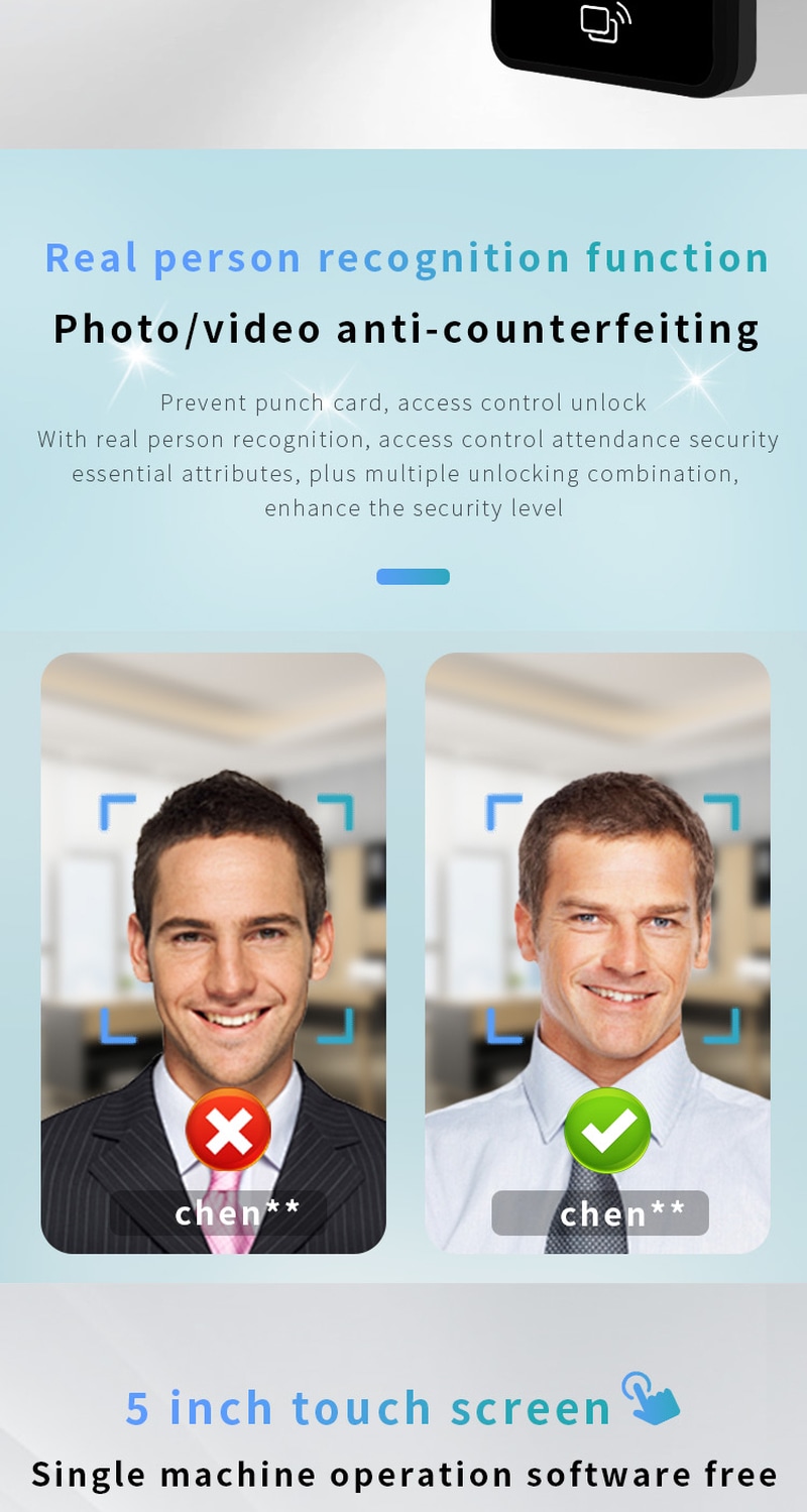 Fotografie de produs a terminalului facial cloud de pontaj de 5 inch, prezentând finisajul materialului în categoria terminalelor biometrice de control acces.