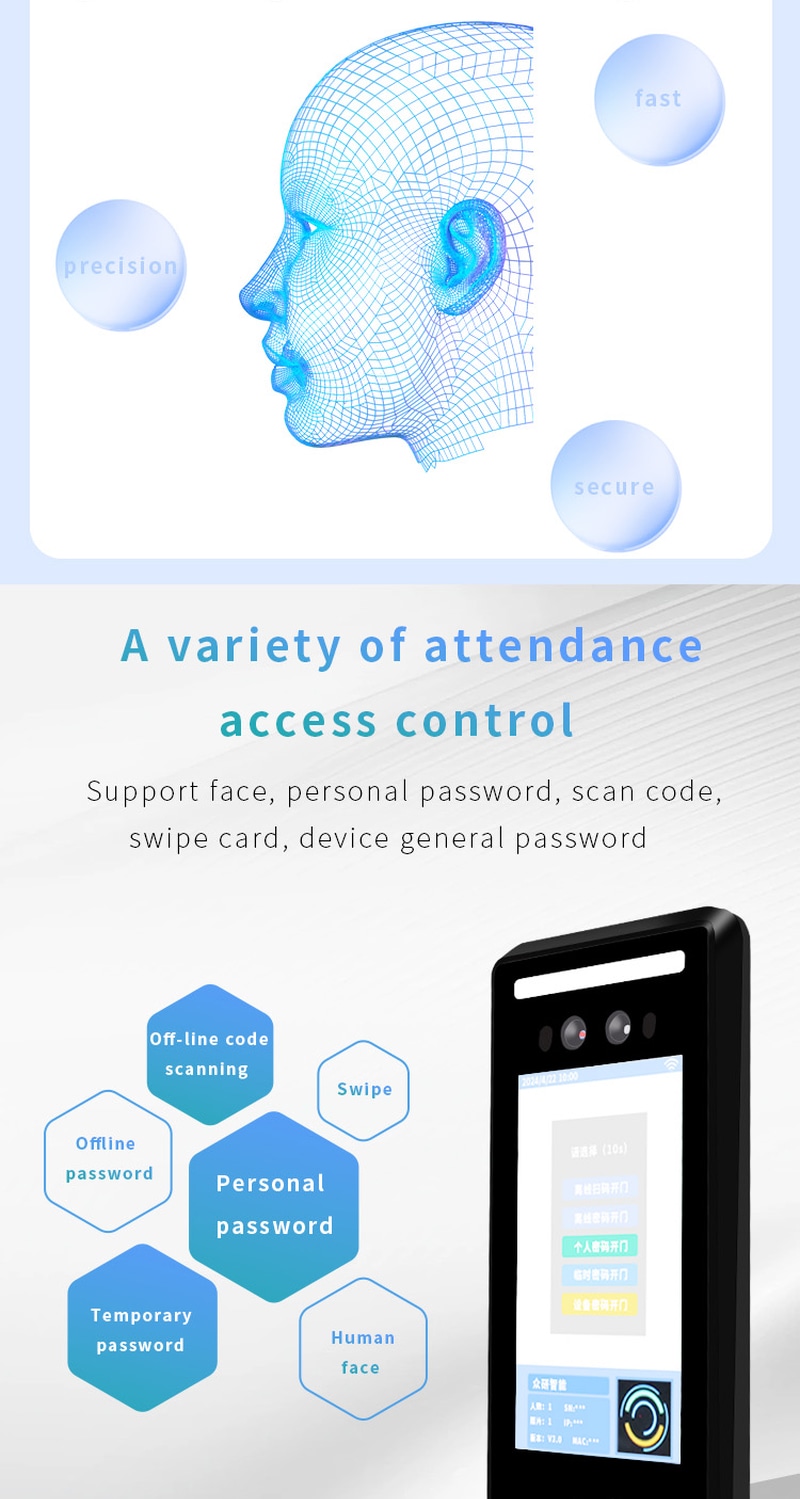 Terminal facial cloud de pontaj de 5 inch prezentat dintr-o perspectivă clară a logo-ului imprimat pentru aplicații cu terminale biometrice de control acces.