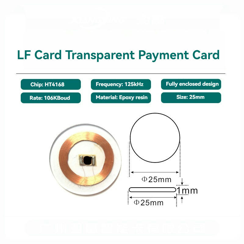 Imaginea prezintă o singură etichetă RFID LF, cu o schiță tehnică de dimensiuni care evidențiază forma rotundă și grosimea redusă.