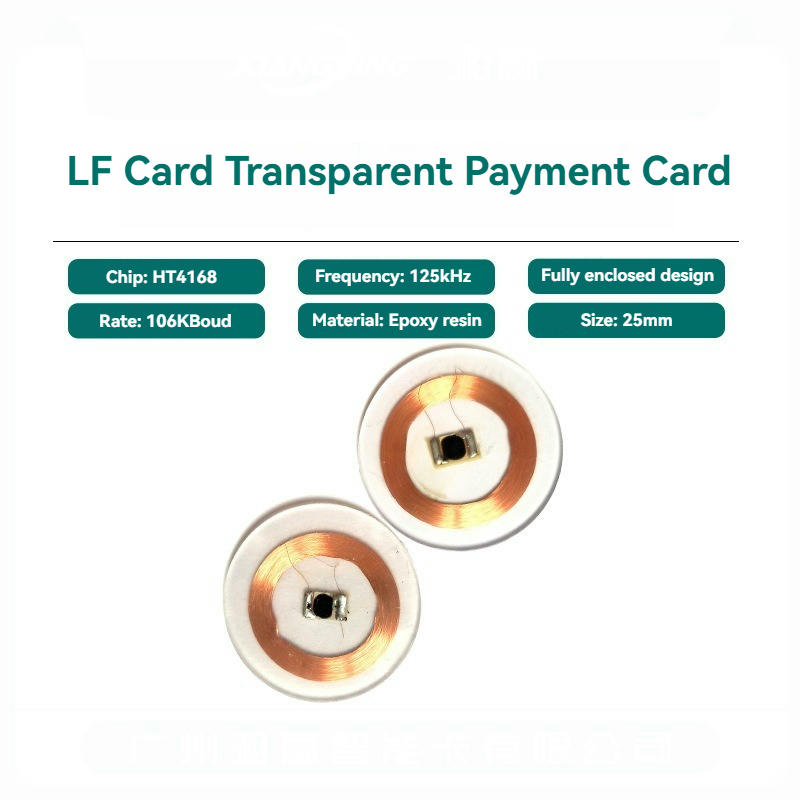 Imaginea produsului arată două etichete RFID LF, cu bobinaj din cupru și module de cip vizibile într-un corp transparent din epoxid.