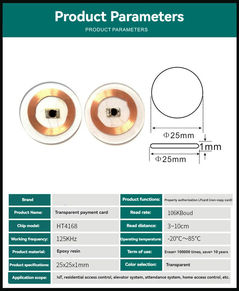 O fișă de parametri pentru eticheta RFID LF arată aspectul tagului rotund, diagrama de dimensiuni și specificațiile principale ale produsului.