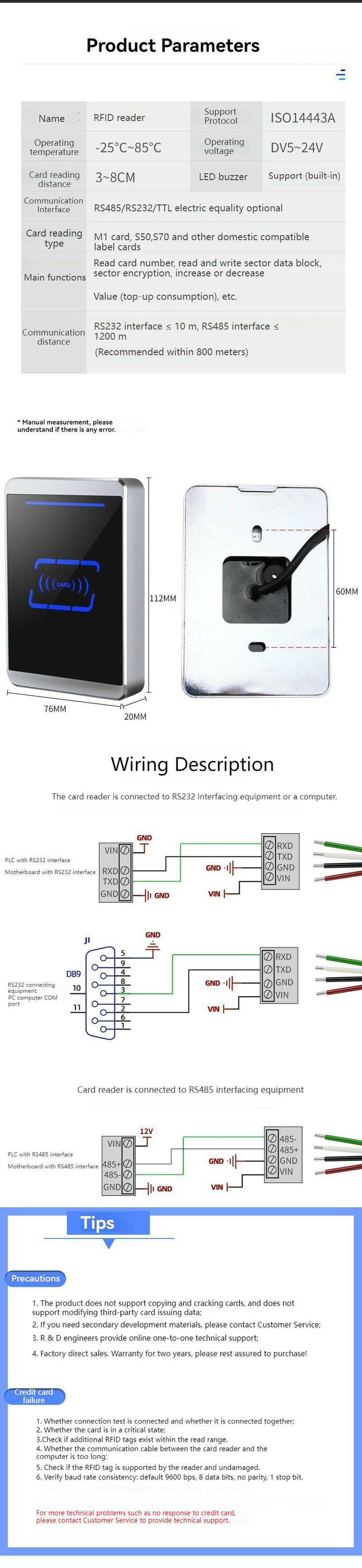 Desen tehnic al cititorului KA-JS03-RW-MB cu carcasă metalică, indicând dimensiunile exacte de înălțime și lățime pentru instalare.