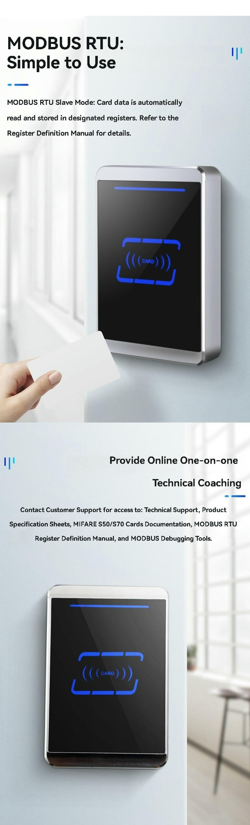 Infografic care prezintă cititorul de acces în rețea Modbus KA-JS03, cu suport pentru comunicare multi-dispozitiv în administrarea clădirilor inteligente.
